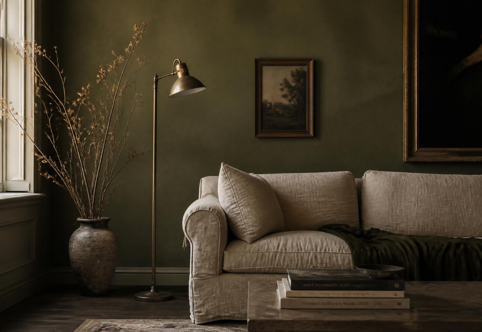 Living room painted in Keim Interior Mineral Paint, Exclusiv color # 9382, with linen sofa and brass floor lamp