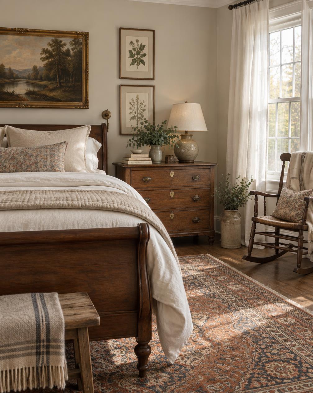 Layered American bedroom with chalky warm white walls, antique sleigh bed, vintage rug and collected furnishings